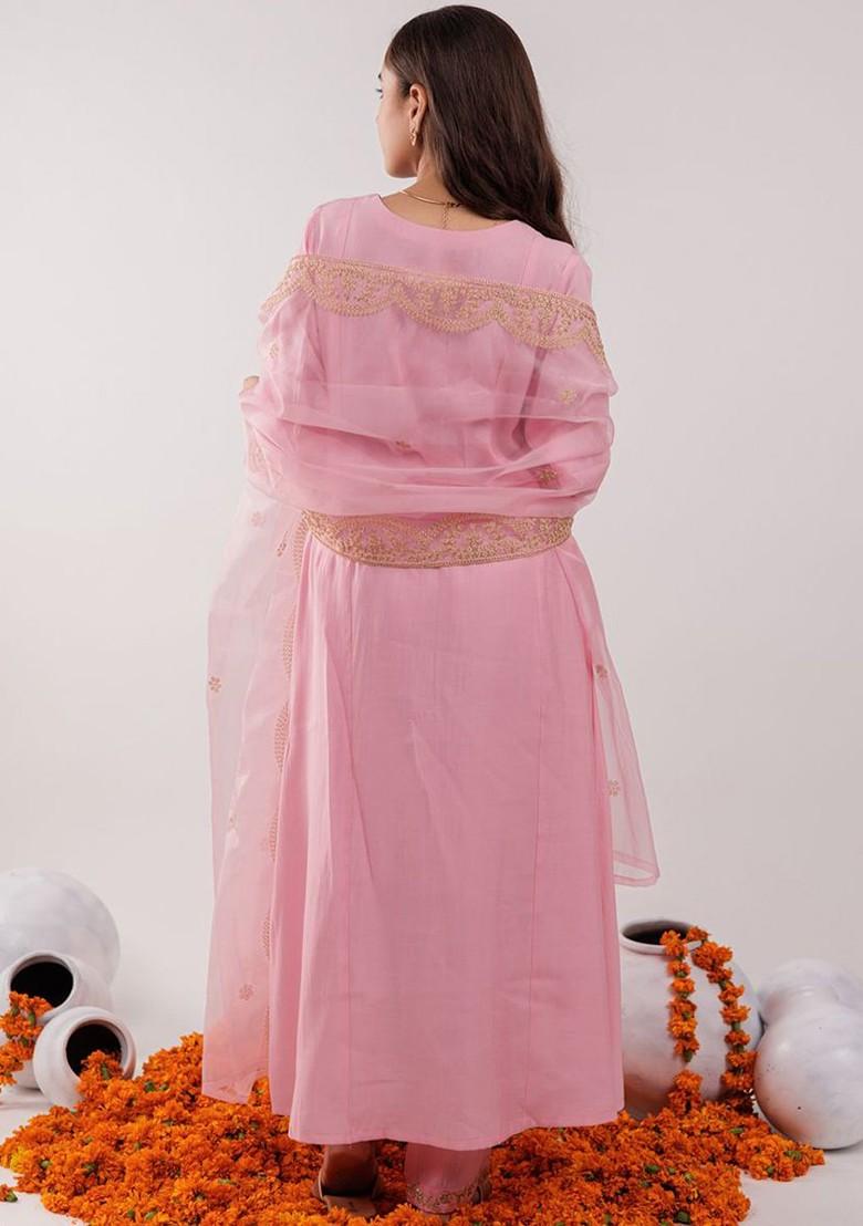 Pink Embroidered Poly Blend Kurta Set
