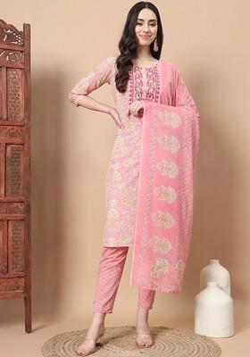 Pink Printed Cotton Kurta Set