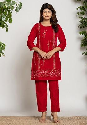 Red Embroidered Poly Blend Co-Ord Set