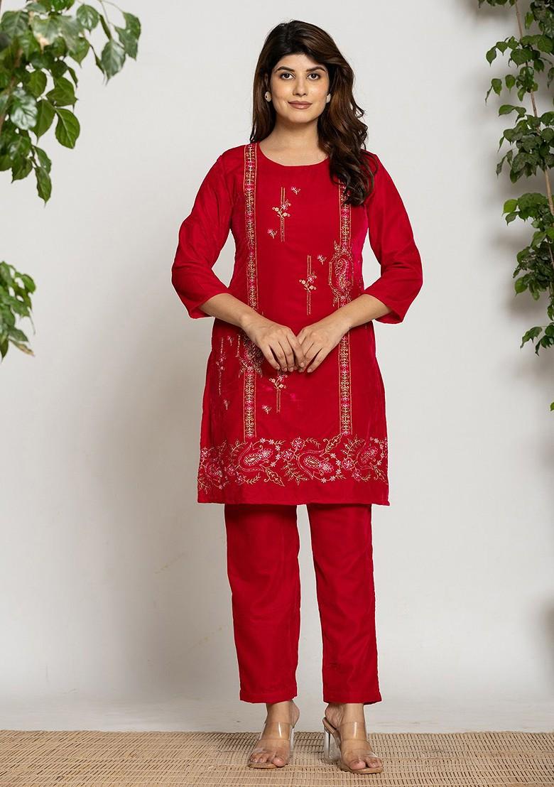Red Embroidered Poly Blend Co-Ord Set