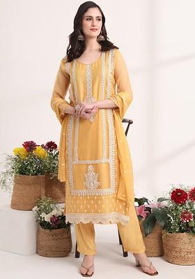 Yellow Embroidered Poly Blend Kurta Set