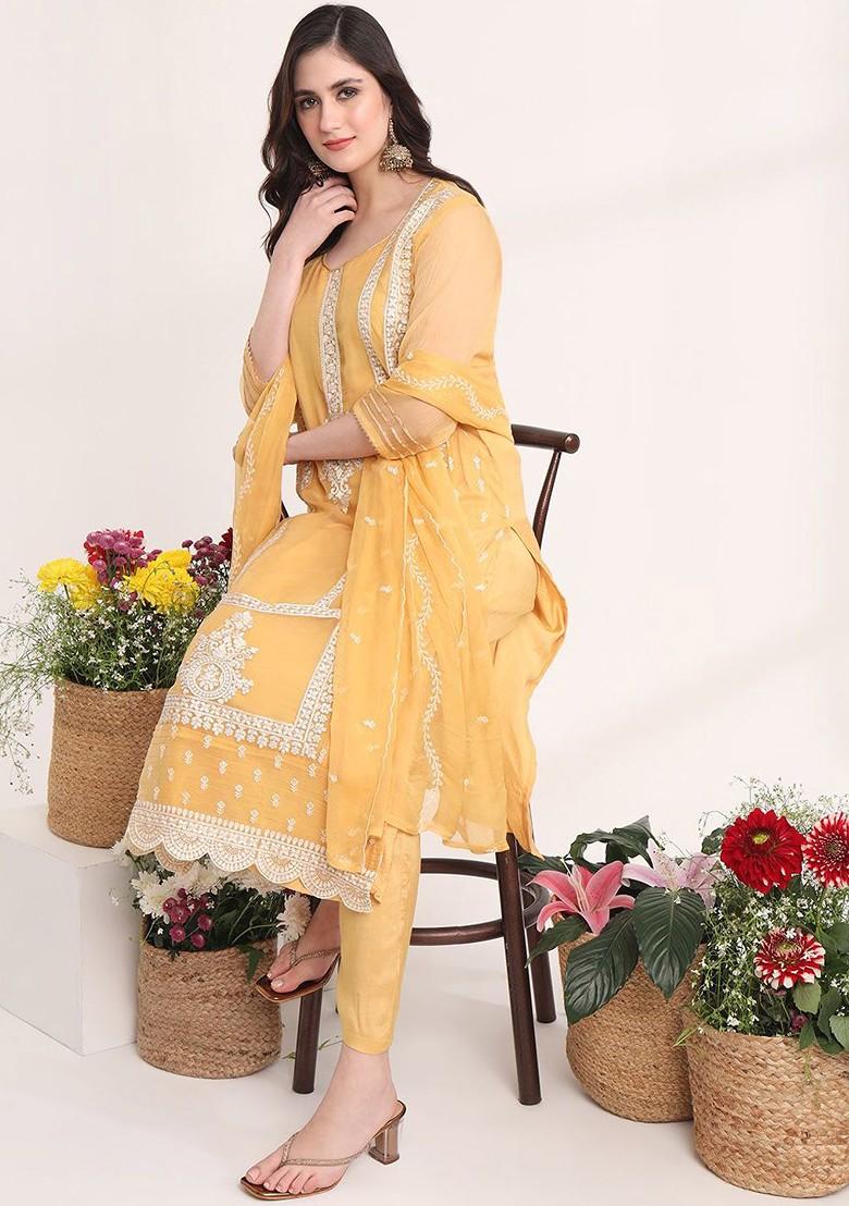 Yellow Embroidered Poly Blend Kurta Set