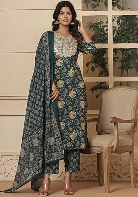 Green Embroidered Cotton Kurta Set