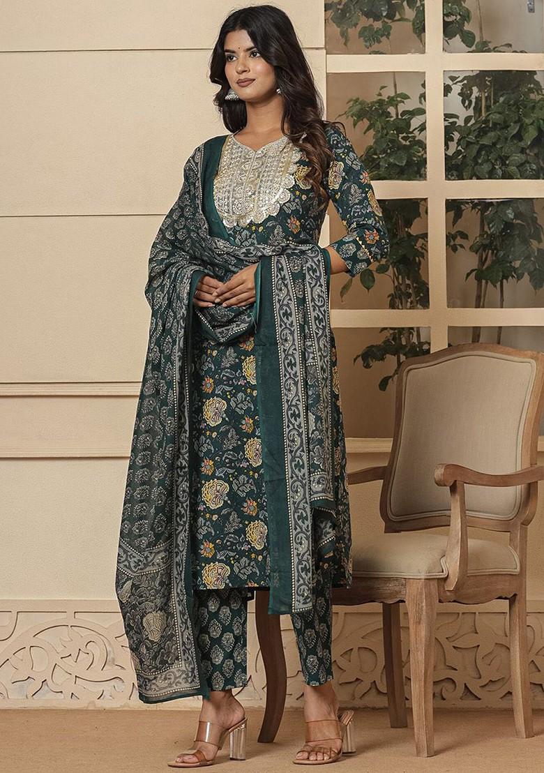 Green Embroidered Cotton Kurta Set