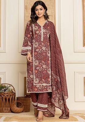Maroon Printed Cotton Kurta Set