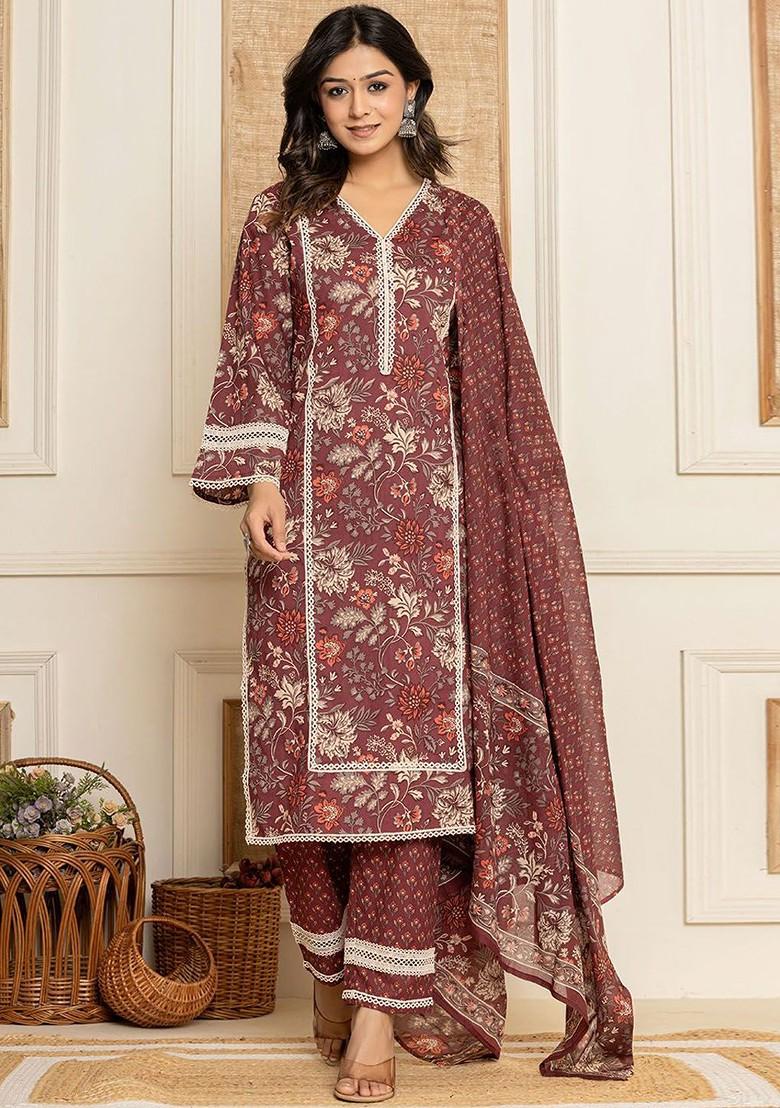 Maroon Printed Cotton Kurta Set