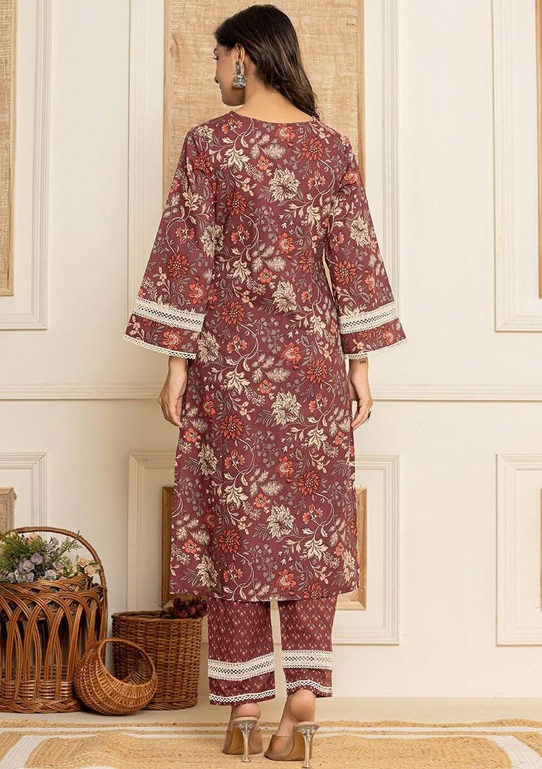 Maroon Printed Cotton Kurta Set