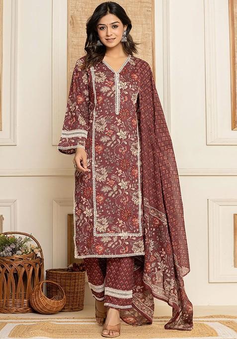 Maroon Printed Cotton Kurta Set