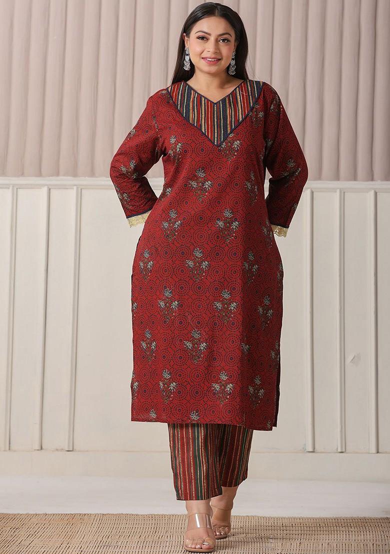 Maroon Printed Cotton Kurta Set
