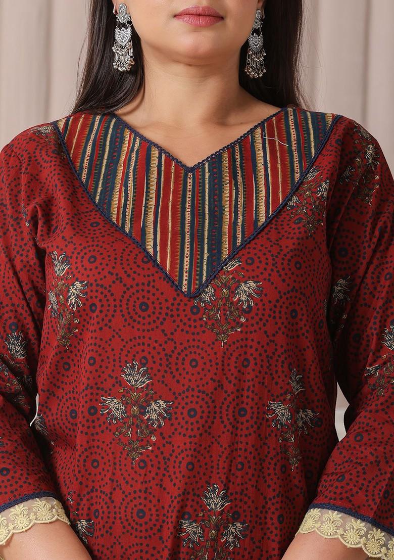 Maroon Printed Cotton Kurta Set