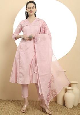 Pink Embroidered Cotton Kurta Set