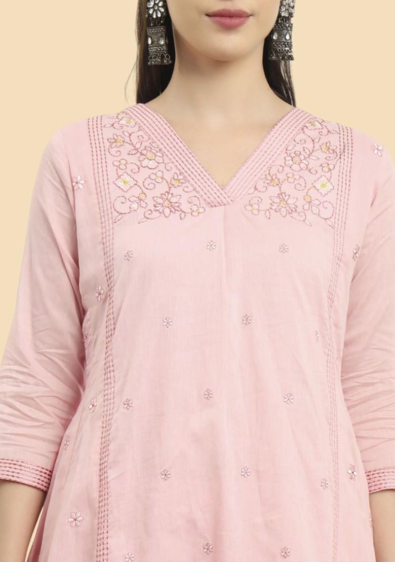 Pink Embroidered Cotton Kurta Set