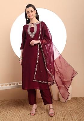 Maroon Embroidered Poly Blend Kurta Set