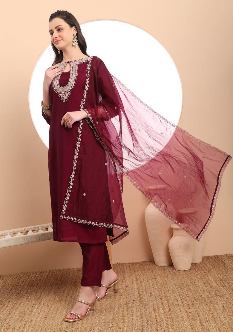 Maroon Embroidered Poly Blend Kurta Set
