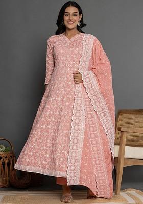 Peach Embroidered Poly Blend Kurta Set