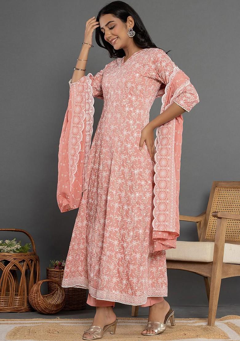 Peach Embroidered Poly Blend Kurta Set