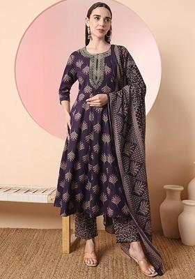 Purple Printed Cotton Kurta Set