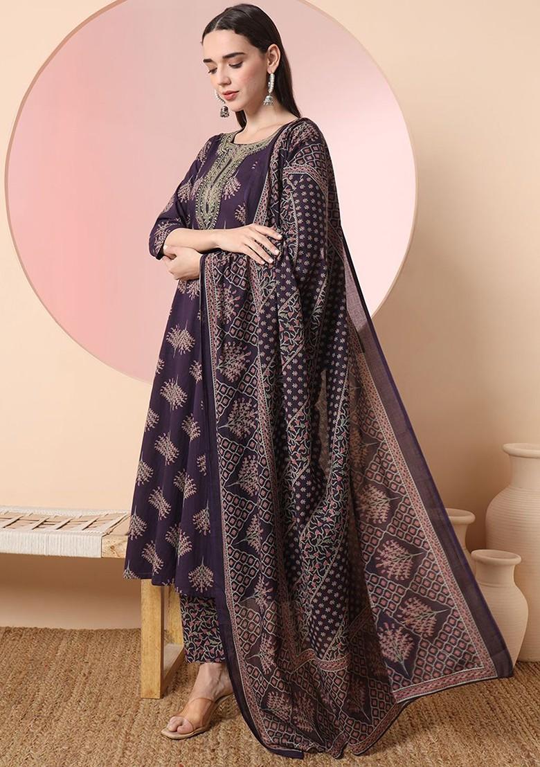 Purple Printed Cotton Kurta Set