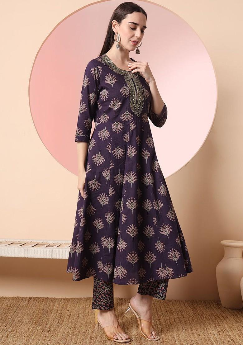 Purple Printed Cotton Kurta Set