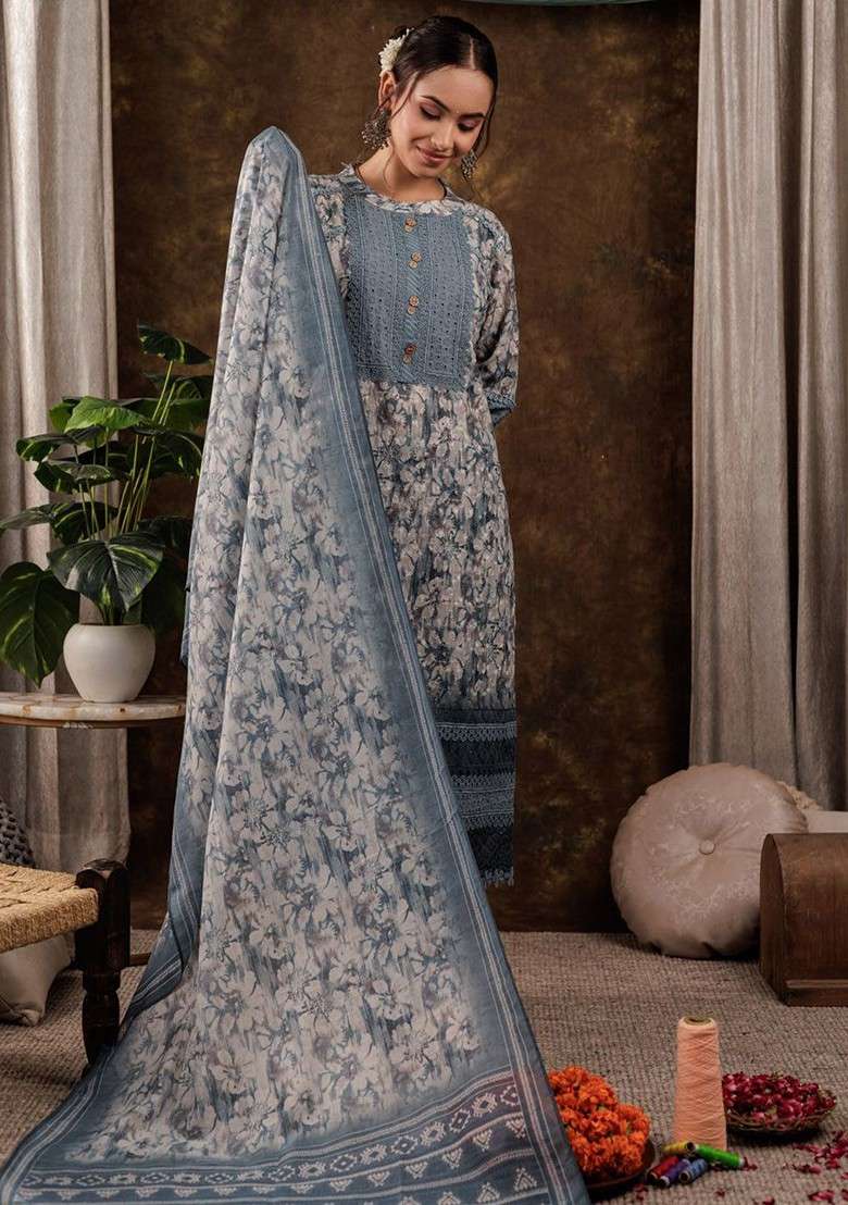 Grey Embroidered Cotton Pakistani Suit Set - Indya