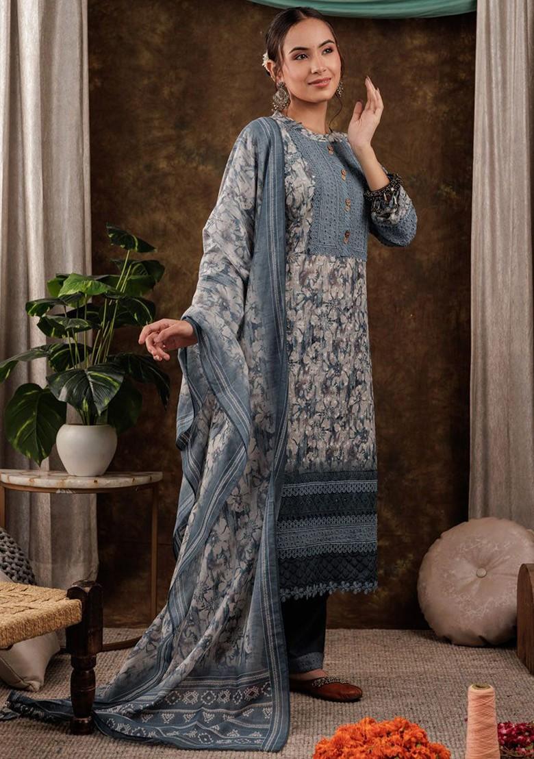 Grey Printed Cotton Kurta Set