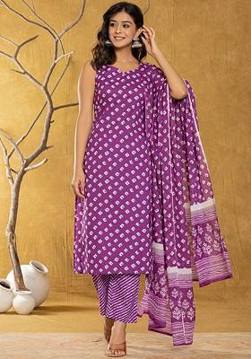 Purple Printed Cotton Kurta Set