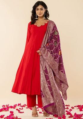 Red  Poly Blend Kurta Set