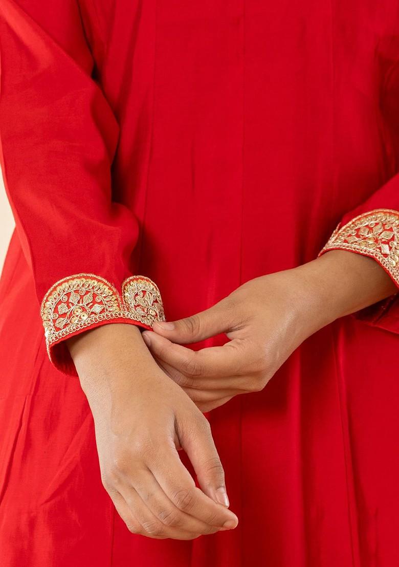 Red  Poly Blend Kurta Set