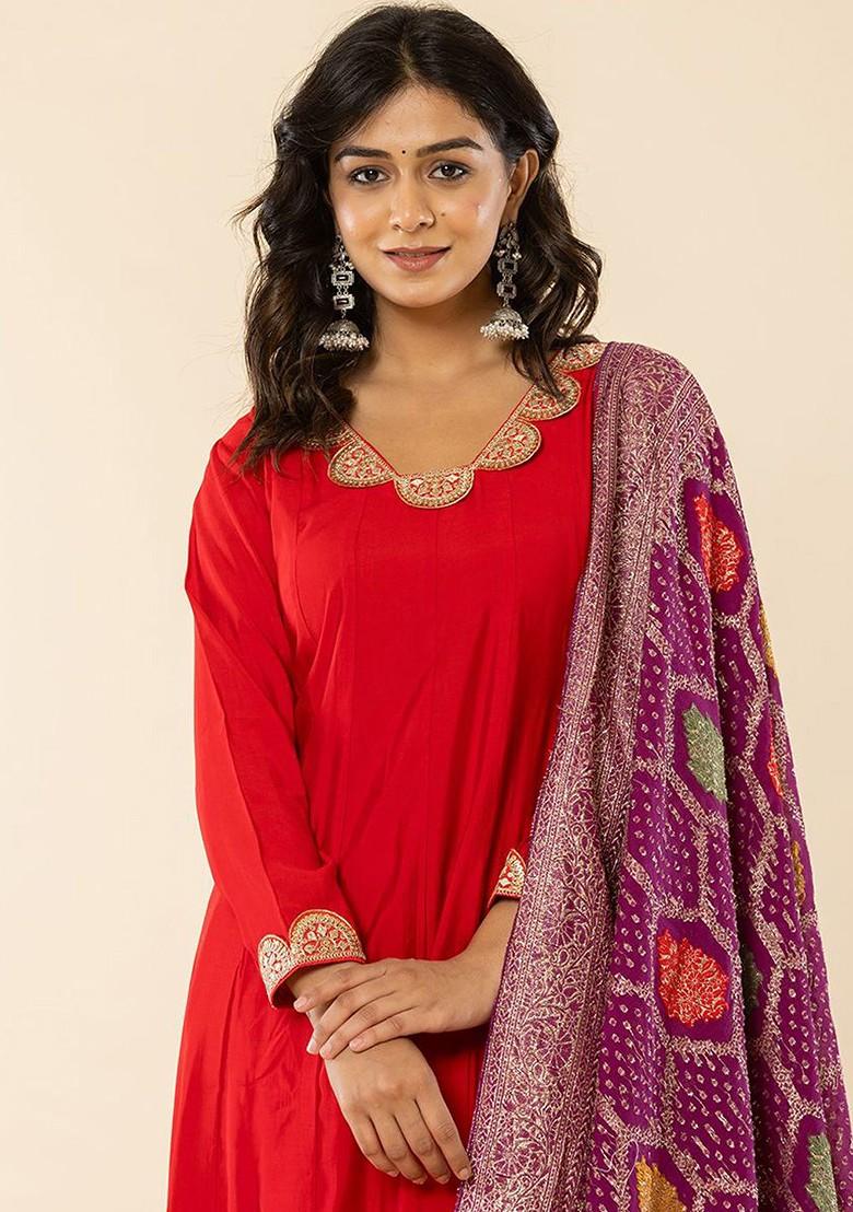 Red  Poly Blend Kurta Set