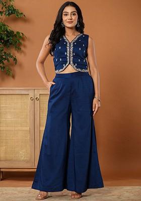 Blue Embroidered Cotton Co-Ord Set