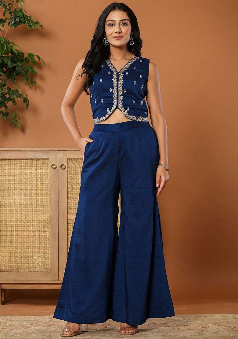 Blue Embroidered Cotton Co-Ord Set - Indya