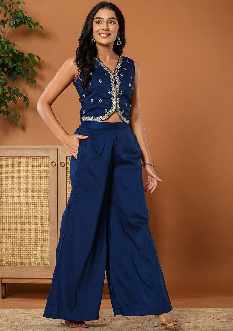Blue Embroidered Cotton Co-Ord Set