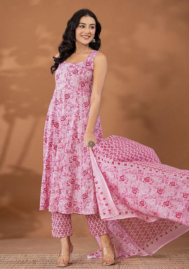 Pink Printed Cotton Kurta Set
