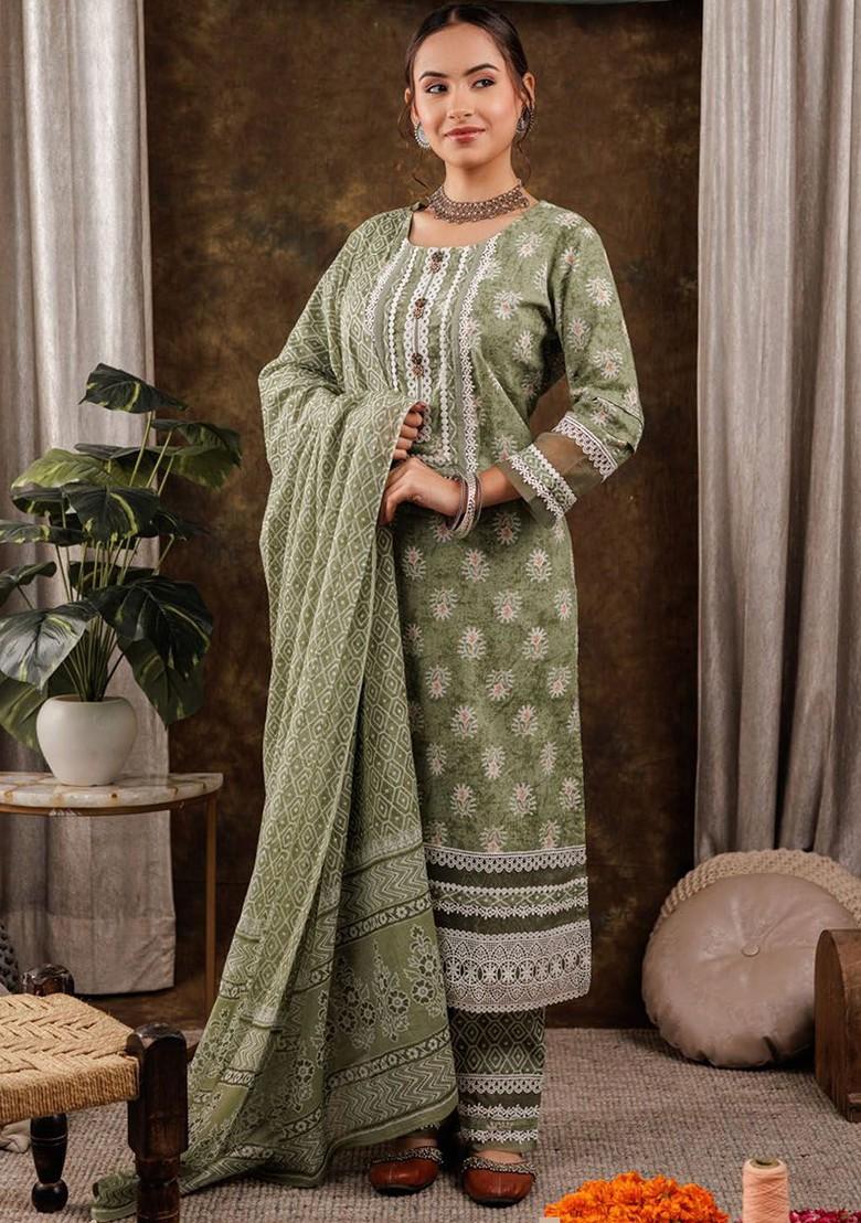 Green Printed Cotton Kurta Set
