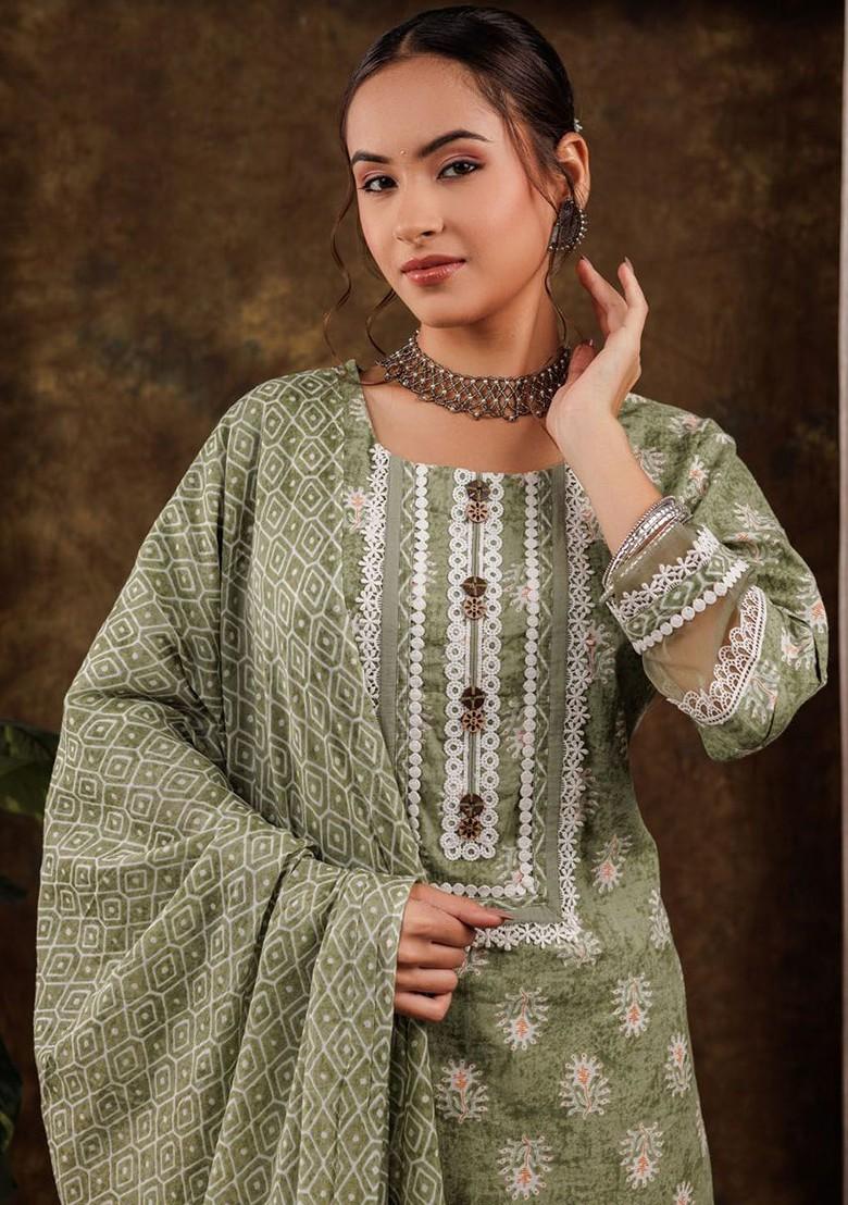 Green Printed Cotton Kurta Set