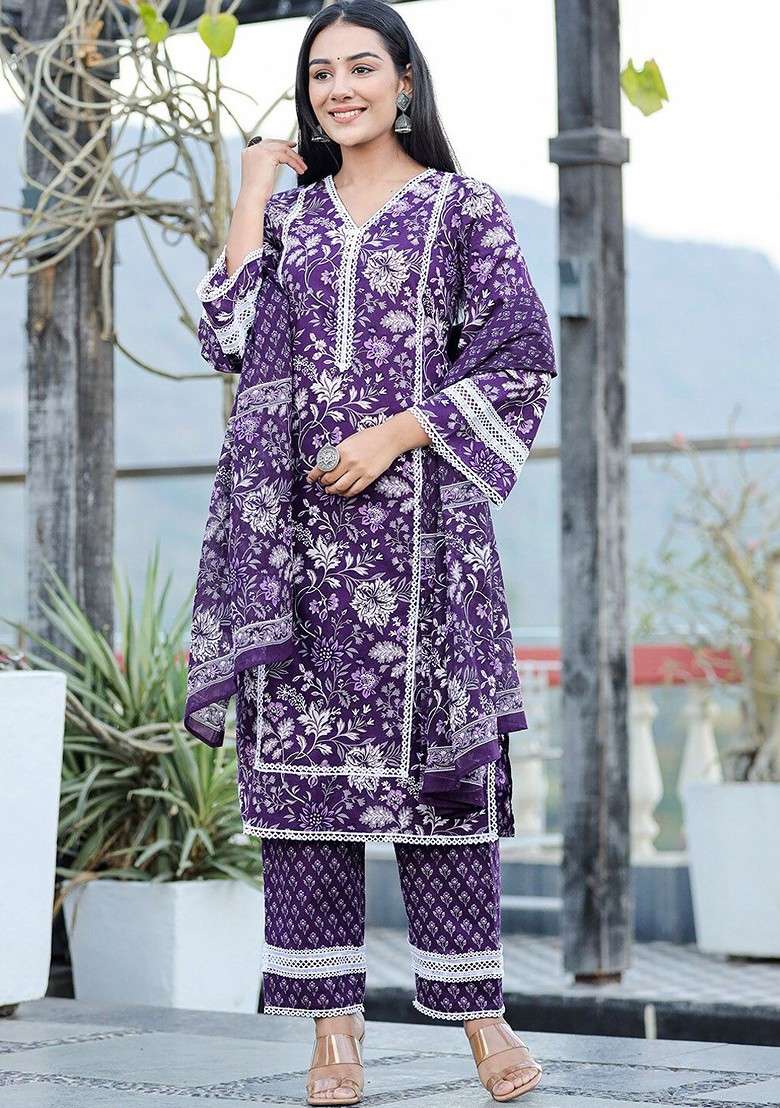 Purple Floral Print Cotton Straight Kurta Set - Indya