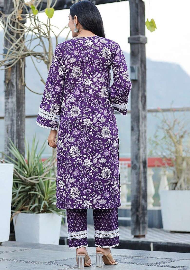 Purple Floral Print Cotton Straight Kurta Set - Indya