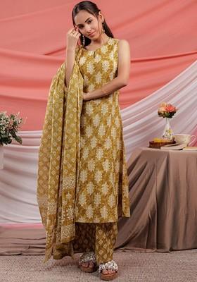 Yellow Printed Cotton Kurta Set