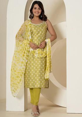 Green Printed Poly Blend Kurta Set
