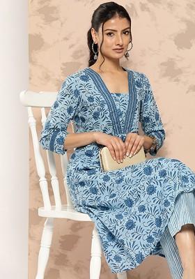 Blue Printed Cotton Kurta Set
