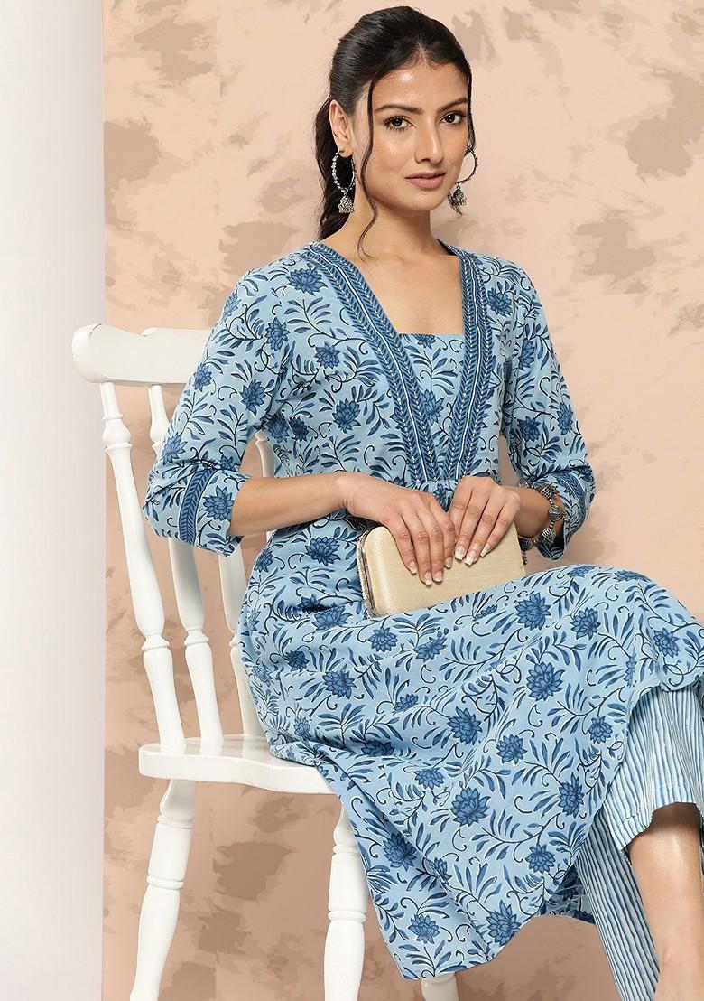 Blue Printed Cotton Kurta Set