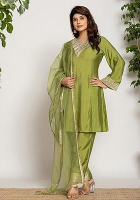 Green Embroidered Poly Blend Kurta Set