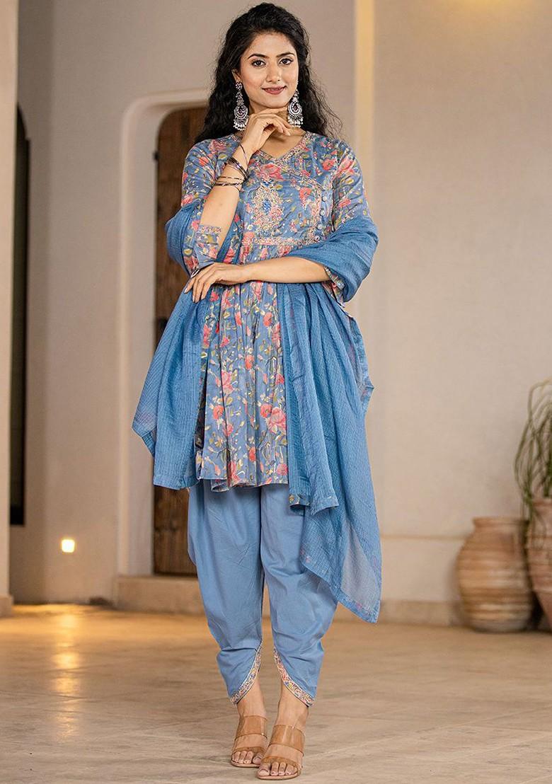 Blue Embroidered Cotton Kurta Set
