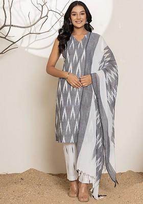 Grey Printed Cotton Kurta Set