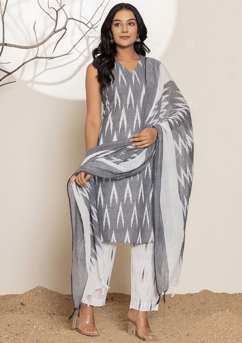 Grey Printed Cotton Kurta Set