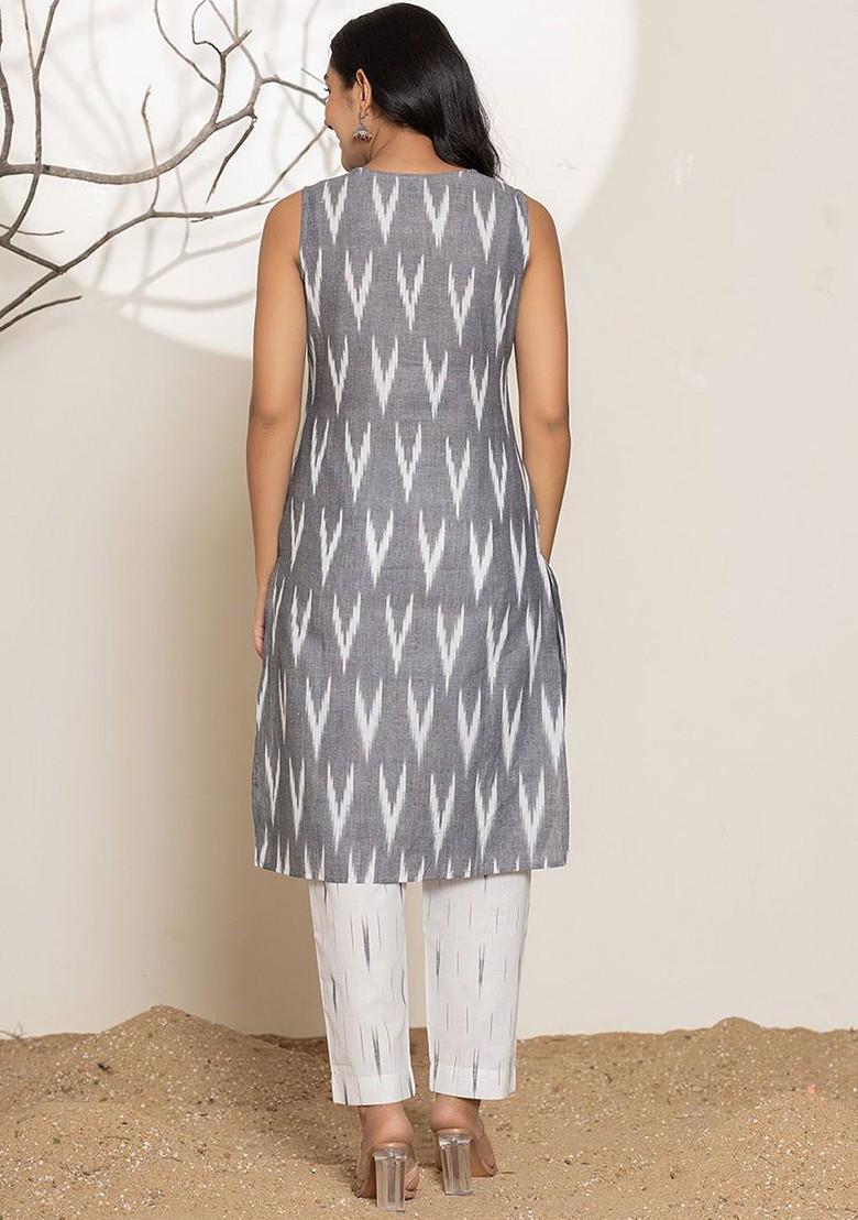 Grey Printed Cotton Kurta Set