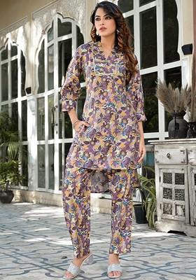 Purple Printed Poly Blend Co-Ord Set