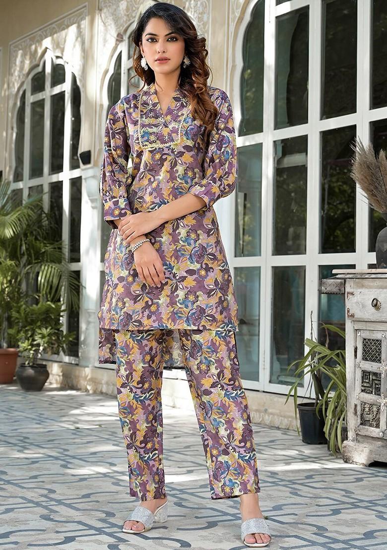 Purple Printed Poly Blend Co-Ord Set