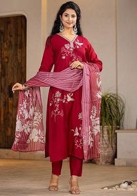 Red Embroidered Cotton Kurta Set