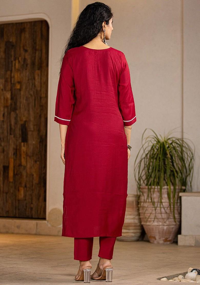 Red Embroidered Cotton Kurta Set